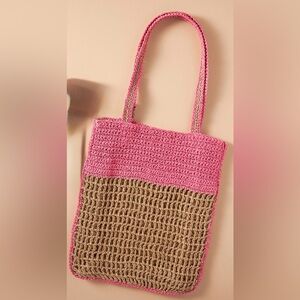 Anthropologie Raffia Icon Tote Watermelon Pink and Tan Crochet Tote Bag